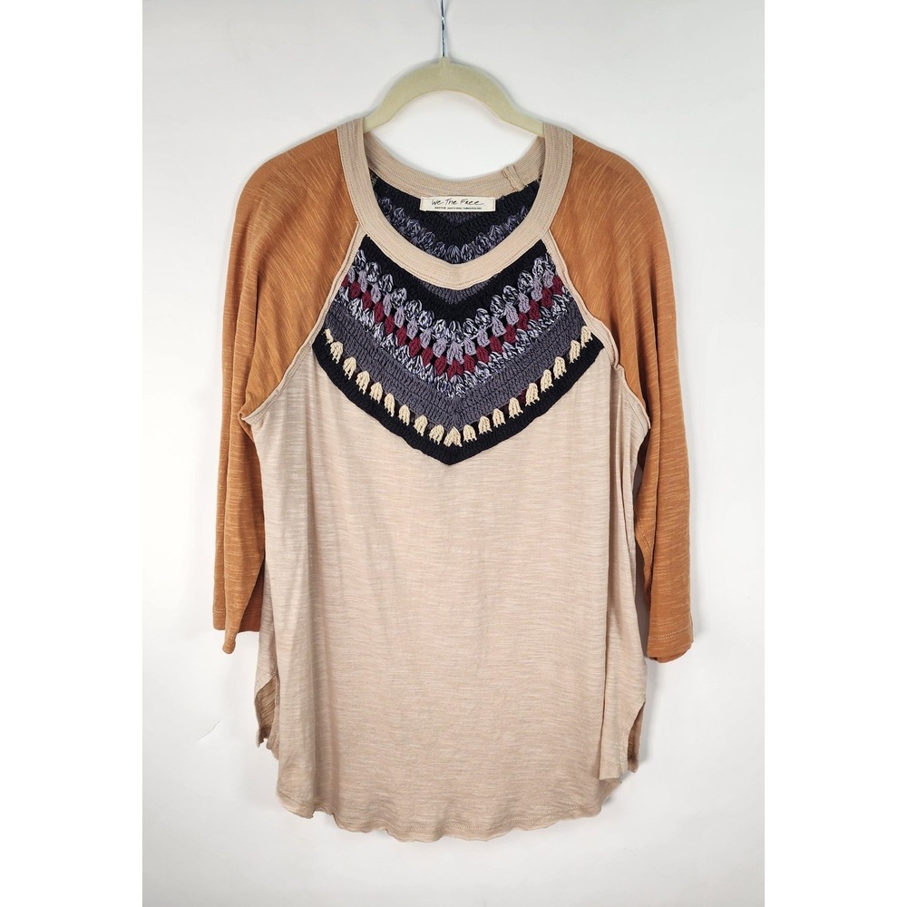 Free People Beige Tunic with Mustard Raglan Sleeves and Navy Embroidered Yoke